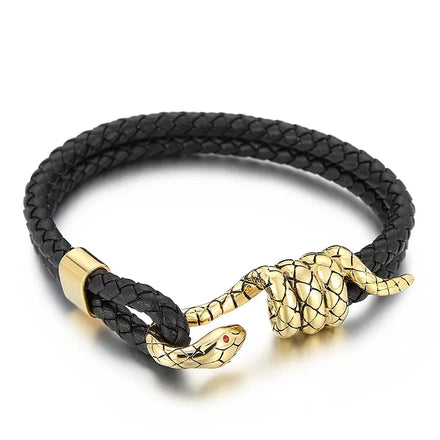 KALEN 220mm Vinrtage Gold/Black/Silver Stainless Steel&Cowhide Leather Snake Charm Bracelet