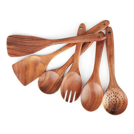 6 Pcs Cool Teak Wooden Handcrafted Kitchen Utensils Kitchenware Set for Cooking