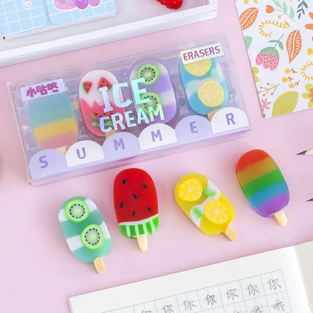 Stock 4 Pcs/set Novelty Summer Ice Cream Rubber Eraser Kawaii Erasers School Supplies Stationery Kids Students Cute Erasers
