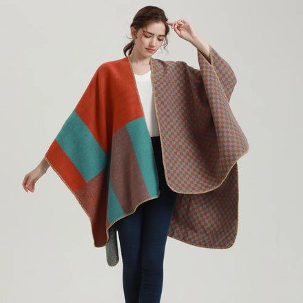 Fashion Autumn Winter Warm Cashmere Shawl Ponchos Luxury Geometric Pattern Color Matching Cardigan Sweaters Open Front Ponchos