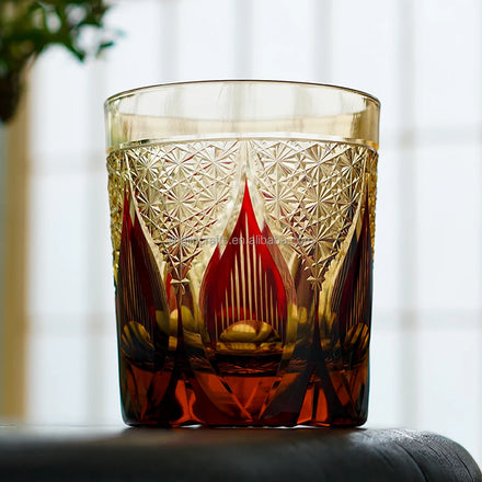 Luxury Handblown Color Cased Glass Old Fashioned Glasses Whisky Bourbon Cup Engraved Edo Kiriko Japanese Glass for Cocktail