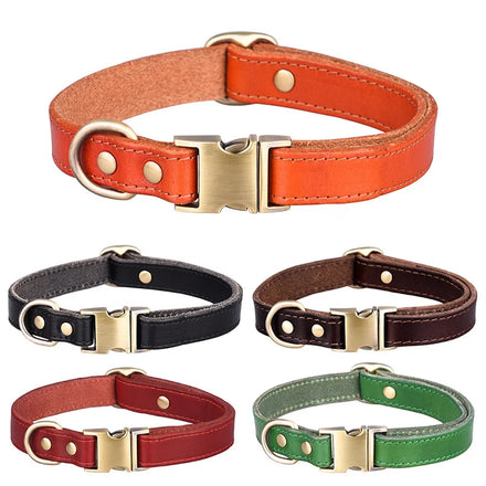 Custom Logo Engraved Buckle Leather Dog Collar High Durable Elegant Simple Genuine Solid Color for Medium Large Dogs