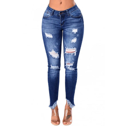 Custom Hot Selling Mid Waist Stretch Dietressed Ripped Jeans Women Irregular Fringed Foot Mouth Womens Jeans