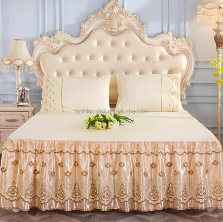 Luxury Modern Home Bed Skirt Single Double Twin Queen King Sizes 4pcs Set Black Sequins Pure Lace Decorate Your Space Princess