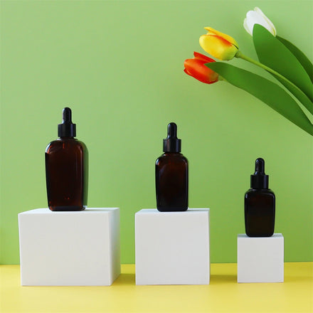Light Proof Amber Square PETG Dropper Bottle Matte Black Pipette Cap Refillable Custom Logo for Oil Facial Serum Skincare