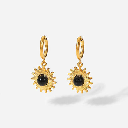 Trendy Jewelry Stainless Steel Earrings Black Agate Sun Shape Gold Pated Metal Earrings for Women
