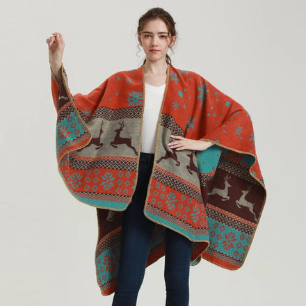 Winter Warm Oversized Sleeveless Cloaks for Women Blanket Capes Wraps Scarves Christmas Snow Deer Pattern Cashmere Ponchos