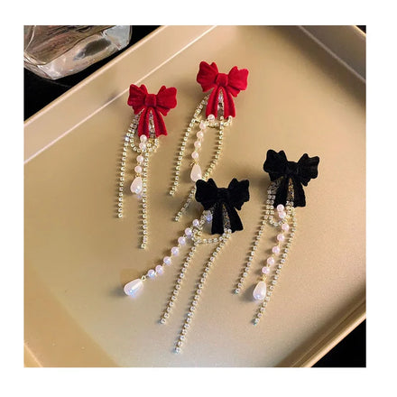 DAIHE Fashion Jewelry 2024 New Velvet Bow Chain Earrings Korean Zircon Pearl Long Tassel Earrings