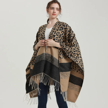 Newest Fashion Winter Warm Ponchos Shawls Large Thick Cashmere Sleeve Open Front Cardigans Leopard Pattern Prochos for Women