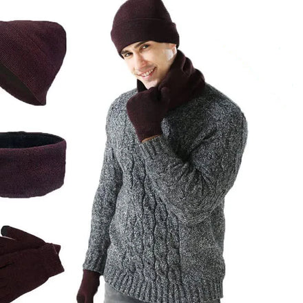 2025 Winter Knit Jacquard Beanie Hat Neck Warmer Scarf and Touch Screen Gloves Set 3 Pcs Fleece Lined Skull Cap Men Women