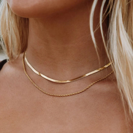 Vintage Fashion Charm Stainless Steel 18K Gold Plated Thin Double Layered High Polish Flat Herringbone Snake Chain Necklace