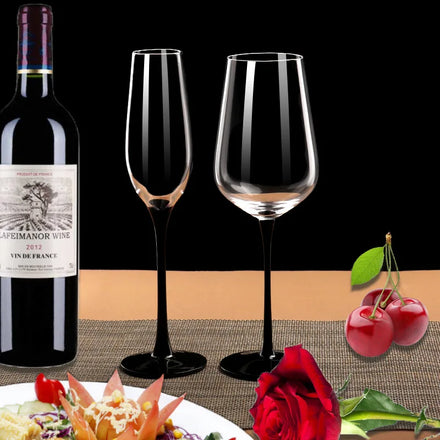 High Quality Premium Europe Modern Transparent Custom Logo Black Stem for Goblet and White Wine Glasses for Wedding