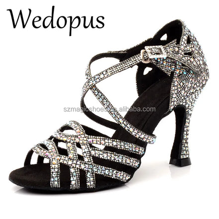 Wedopus Black Rhinestone Dance Shoes Glitter 9CM