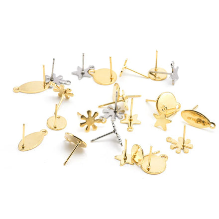 Simple Stainless Steel Round Oval Snowflake Star Stud Earring Posts With Loop for Earring Jewelry Making Accessories