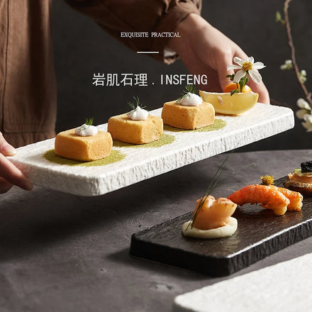 Hot Sale Customized Rectangle Cheese Board Natural Black Ceramic Sushi Steak Stone Slate Porcelain Plate Eco-Friendly for