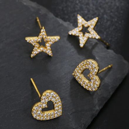 ZUOLA Korean Five-pointed Star Stud Earrings Fashion Women Jewelry Gold Plated Diamond Zircon Heart Love Shaped Girl Earrings