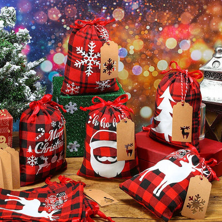 15*20Cm With Printing Christmas Party Decoration Supplies Red and Black Xmas Gift Plaid Christmas Drawstring Bags