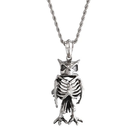 Retro Stainless Steel Skeleton Owl Pendant Animal Necklace Jewelry
