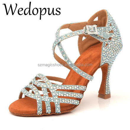Wedopus Rhinestone Latin Salsa Dance Shoes Light Blue