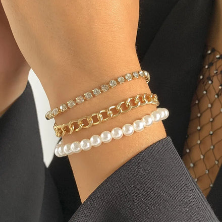 Hot Selling Bling Rhinestone Tennis Chain Bracelet 18k Gold Cuban Link Chain Bracelet Imitation Pearl Bracelet for Women Girls
