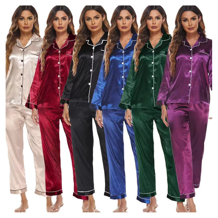 Women Solid Pajamas Sets Two Piece Ladies Satin Polyester Loungewear Sets Spring Long Sleeve Sleepwear