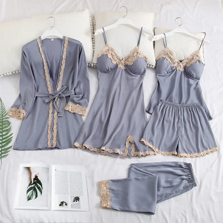 Satin QUICK DRY Sleepwear Sets Polyester / Spandex Breathable 5 Pieces Set Women Ladies Pyjamas Women Sleepwear