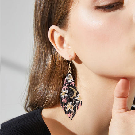 Go2Boho New Arrival the Starry Sky and Moon Pattern Hook Earrings Braided Beads Dangle Drop Tassel Earrings