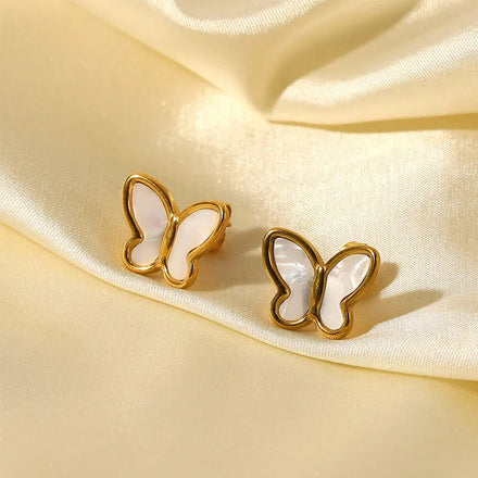 SC Waterproof 18K Gold Plated Stainless Steel Earrings Women French Elegant Natural White Shell Butterfly Stud Earrings