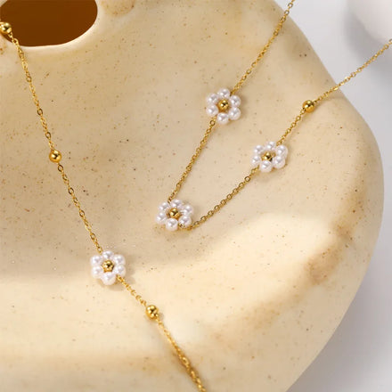 New Supply OEM Service Handmade Tarnish Free Pearl Flower Stainless Steel Necklace Bracelet Set for Women