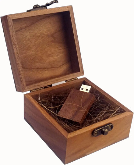 JUNJI 16GB Walnut Wooden USB Flash Drive with Folk Art Style Polished Pine Board Wooden Box for Weddings