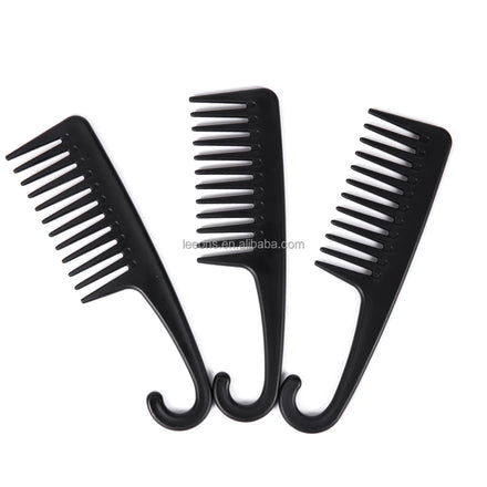 Leeons Private Label Black Plastic Hook Wide Tooth Detangling Smooth Massage Curly Hair Comb with Custom Logo for Home Use