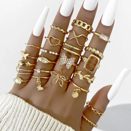 Hot Sell Openable 22Pcs/Sets Unique Finger Ring Sets Twisted Heart Butterfly Ring Sets for Girls