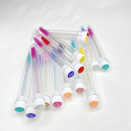 Wholesale Can Be Custom Bulk Disposable Glitter Eyebrow Brush Pink Eyelash Extension Spoolies With Tube