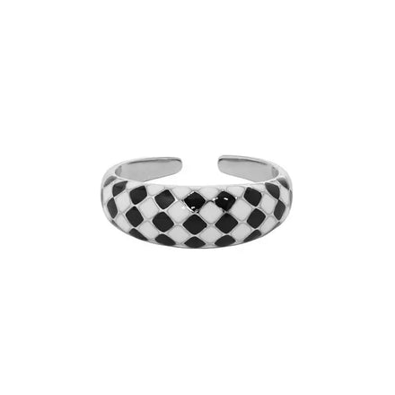 925 Silver Open Ring with White & Black Enamel Silver Plated Stylish Unisex Engagement Wedding Anniversary Party Gift Jewelry
