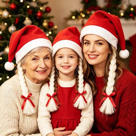 Factory Wholesale Cute Santa Hat with White Braids Adult Kids Family Matching Xmas Cap for Holiday Party