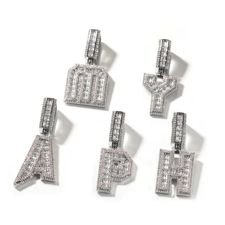 Wholesale Custom Diamond Bold Baguette Cluster Alphabet Initials Nameplate Necklace Metal Brass Ice Out CZ Rope Chain for Gift