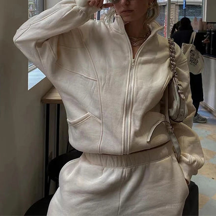 Custom Logo Outfits for Ladies Fleece Sweatsuit Fashion Two Piece Hoodie and Sweatpants Set Stand Collar Zip up Tracksuit Women