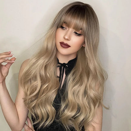 Ombre Blonde with Bangs Long Wavy Wigs Woman Synthetic Wig Female Cosplay Natural Hair Heat Resistant Hair Hot Sale