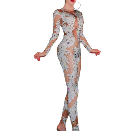 Party Show Christmas Outfit Sexy Floral Print Rhinestones Womens Dance Jumpsuit