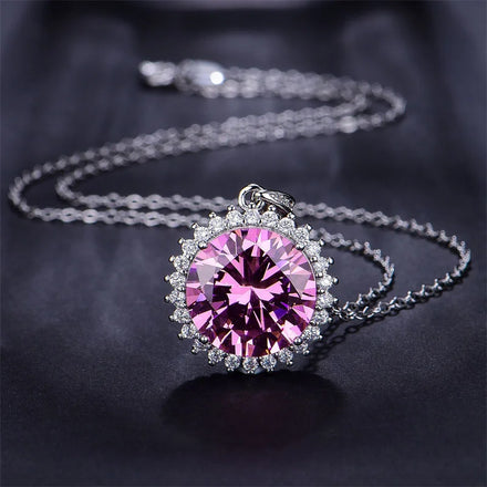CAOSHI Luxury Fashion Rhinestone Jewelry Silver Plated Crystal Necklace Pink Cubic Zirconia Round Pendant Necklace for Women