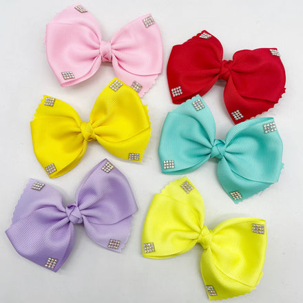 4 Inch Children's Grosgrain Ribbon Bow Clip Rhinestone Hair Bows for Baby Hair Accessories