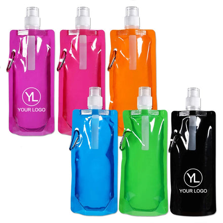 Custom Logo Lightweight Collapsible Water Pouch Reusable Drinking Bag with Carabiner for Walk Run Events