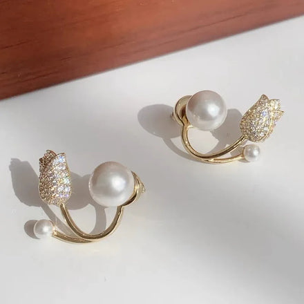 Rinhoo Light Luxury Gold Tulip Flower Pearl Stud Earring Women Korean Zircon Exquisite Earrings Wedding Party Jewelry Gifts
