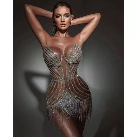 Shiny Crystal Sexy Show Mesh See Through Backless Crystal Birthday Party Prom Dress Sexy Women Party Celebrity Dress