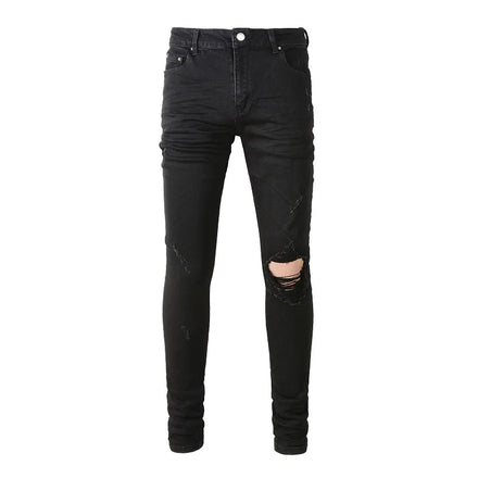 Dropshipping Black Destroyed Distressed Trousers High Street Ripped Stretch Pencil Jeans Men's Streetwear Pantalon Homme