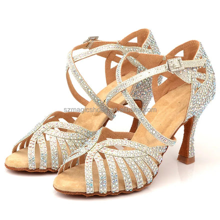 Wedopus Beige Woman Rhinestone Latin Dance Shoes Free Shipping