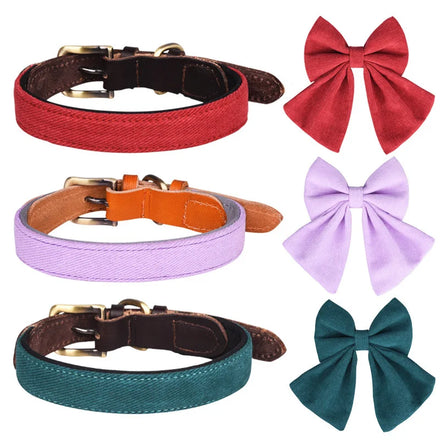 Engravable Luxury Bowtie PU Genuine Leather Dog Collar and Leash with Solid Pattern Bow Tie Personalized Brand Diving Cloth
