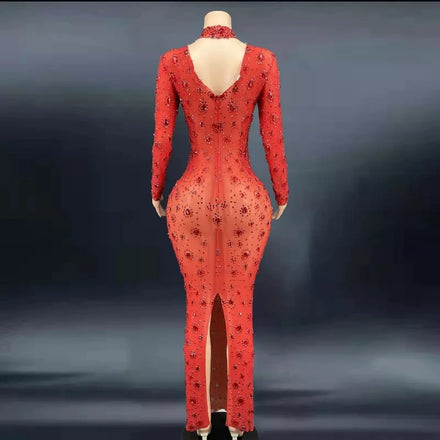 Shiny Crystal Sexy Show Party See Through Shiny DiamondSparkly Rhinestone Red Dresses Women Party Evening Dress
