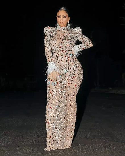 Crystal Celebrate Sparkly Party Performance Wear Singer Stage Show Diamond Sexy Evening Fashion Luxury Feather Long Dress