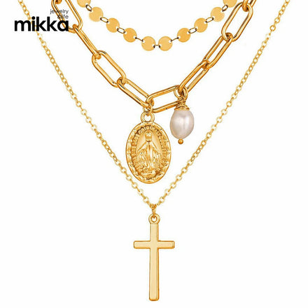 Trendy Women's Zinc Alloy Multi-Layered Moon & Butterfly Cross Pendant 18K Gold Plated Link Chain Necklace